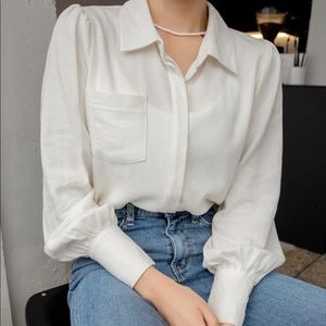 Patched Pocket Lantern Sleeve Blouse